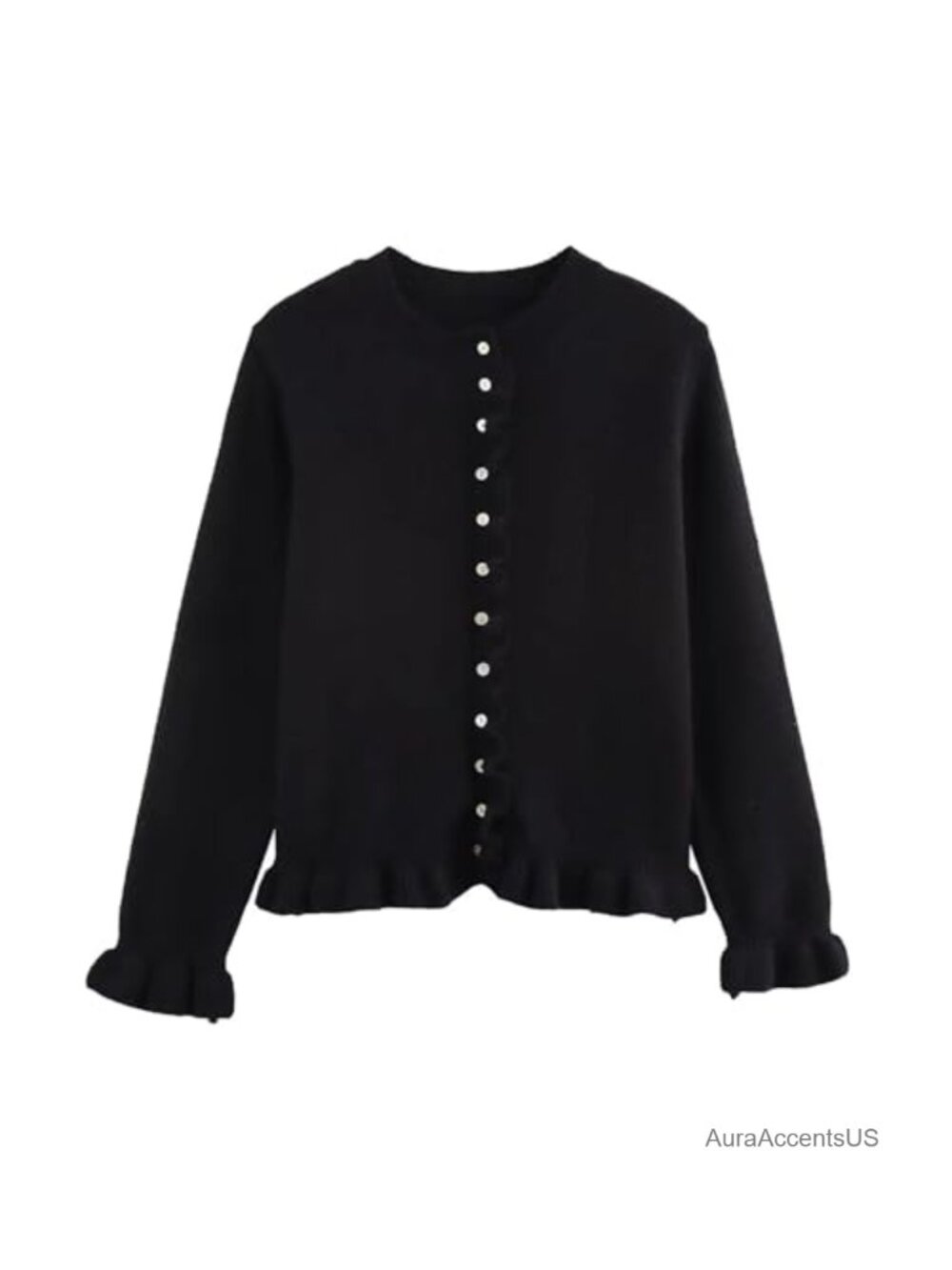 Women's Cropped Cardigan Sweater Crewneck Ruffle Long Sleeve Button Down Knit